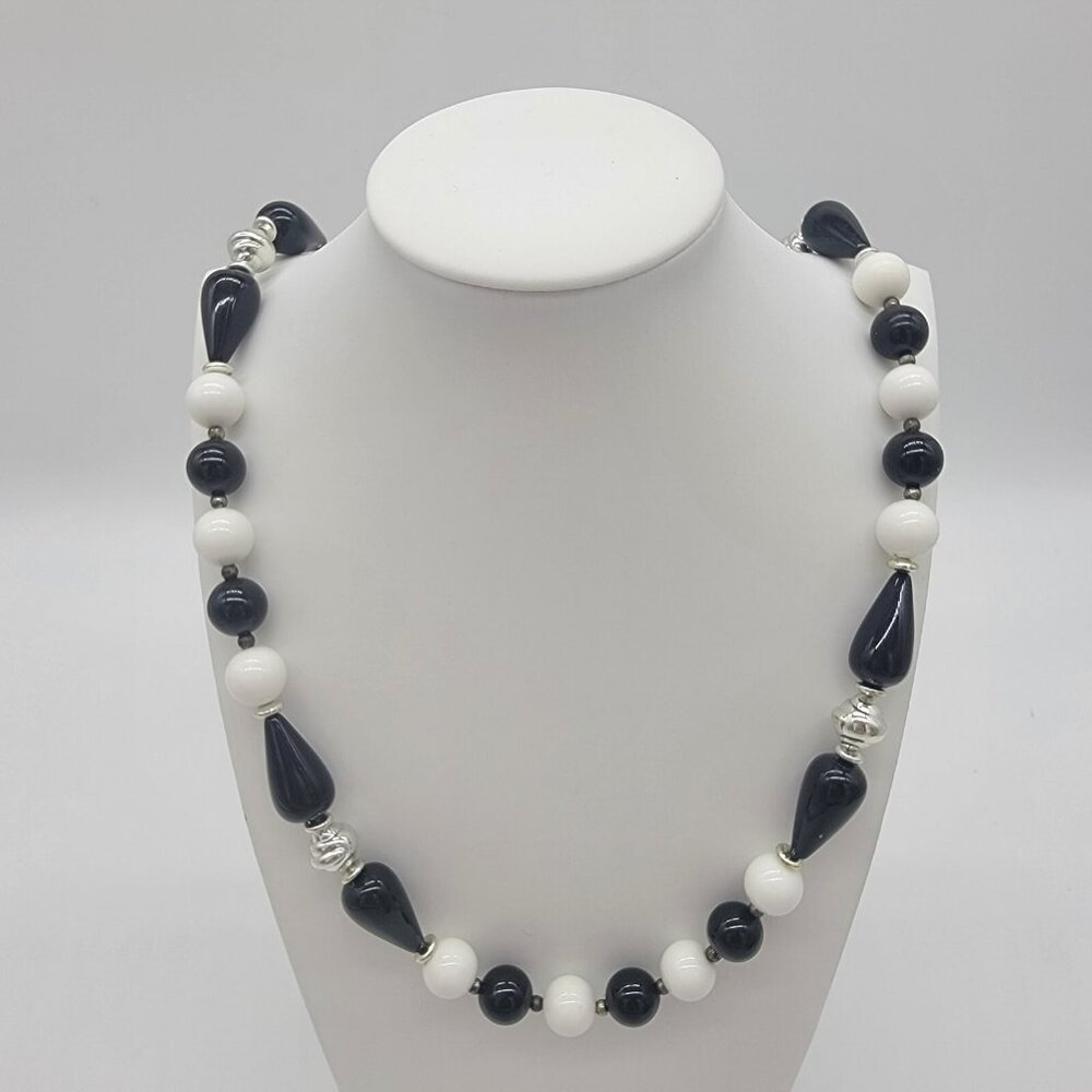 Vintage Necklace Black White Beads Statement‎ Long Strand